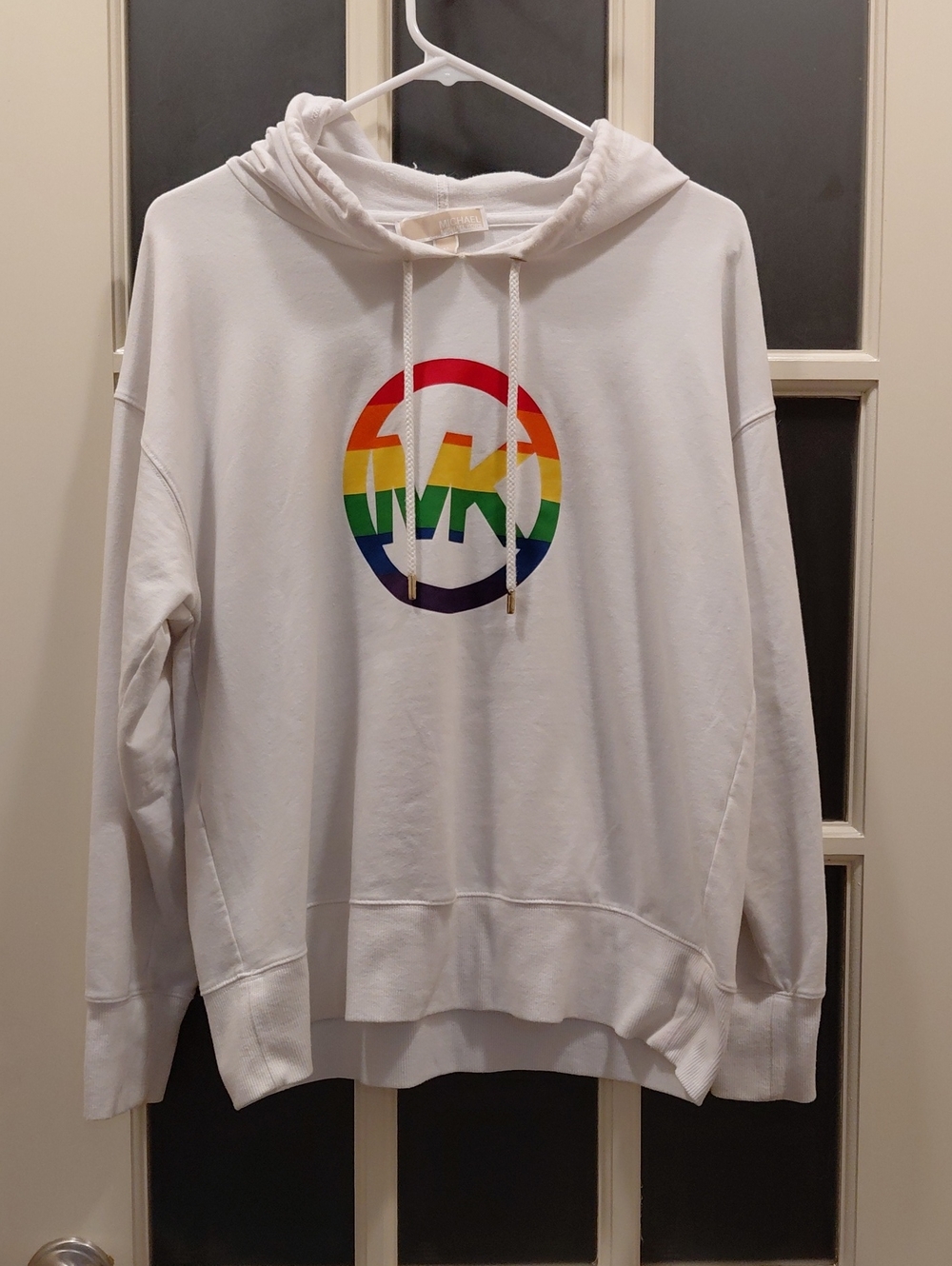 "Michael Kors"  Unisex, Sz. M, White Crewneck Hoodie with Rainbow Logo...